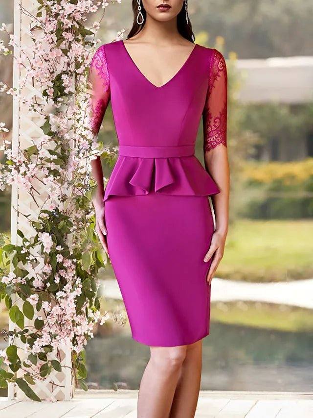 Sheath / Column Mother of the Bride Dress Elegant V Neck Knee Length Stretch Chiffon Short Sleeve with Ruffles - RongMoon