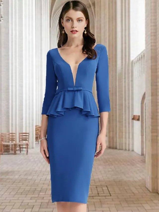 Sheath / Column Mother of the Bride Dress Elegant V Neck Knee Length Stretch Fabric 3/4 Length Sleeve with Bow(s) Ruffles - RongMoon