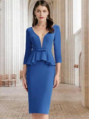 Sheath / Column Mother of the Bride Dress Elegant V Neck Knee Length Stretch Fabric 3/4 Length Sleeve with Bow(s) Ruffles - RongMoon