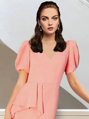 Sheath / Column Mother of the Bride Dress Elegant V Neck Sweep / Brush Train Stretch Fabric Short Sleeve with Side Draping Solid Color - RongMoon