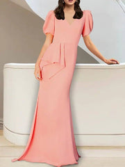 Sheath / Column Mother of the Bride Dress Elegant V Neck Sweep / Brush Train Stretch Fabric Short Sleeve with Side Draping Solid Color - RongMoon