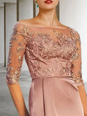 Sheath / Column Mother of the Bride Dress Elegant Vintage Jewel Neck Knee Length Lace Charmeuse Half Sleeve with Appliques Side-Draped - RongMoon
