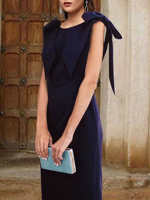 Sheath / Column Mother of the Bride Dress Elegant Vintage Jewel Neck Knee Length Stretch Fabric Sleeveless with Bow(s) - RongMoon