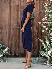 Sheath / Column Mother of the Bride Dress Elegant Vintage V Neck Tea Length Stretch Fabric Short Sleeve with Side-Draped - RongMoon