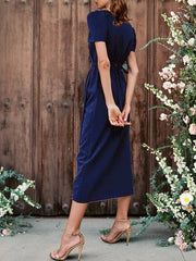 Sheath / Column Mother of the Bride Dress Elegant Vintage V Neck Tea Length Stretch Fabric Short Sleeve with Side-Draped - RongMoon