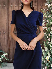 Sheath / Column Mother of the Bride Dress Elegant Vintage V Neck Tea Length Stretch Fabric Short Sleeve with Side-Draped - RongMoon