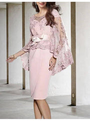 Sheath / Column Mother of the Bride Dress Elegant Wrap Included V Neck Sweetheart Neckline Knee Length Chiffon Lace Short Sleeve with Bow(s) Appliques - RongMoon