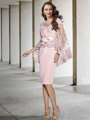 Sheath / Column Mother of the Bride Dress Elegant Wrap Included V Neck Sweetheart Neckline Knee Length Chiffon Lace Short Sleeve with Bow(s) Appliques - RongMoon