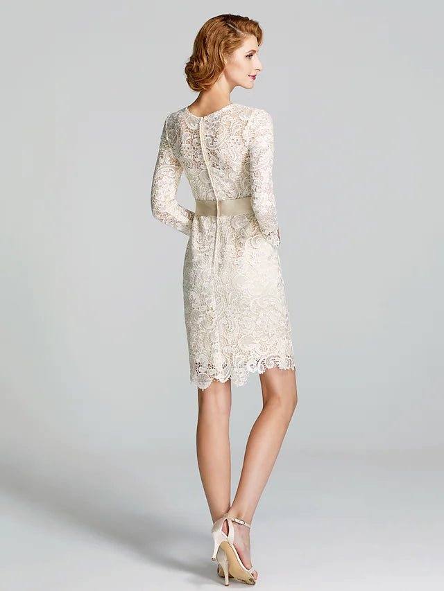 Sheath / Column Mother of the Bride Dress Floral Jewel Neck Knee Length Lace 3/4 Length Sleeve with Lace Sash / Ribbon 2022 / Illusion Sleeve - RongMoon