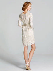 Sheath / Column Mother of the Bride Dress Floral Jewel Neck Knee Length Lace 3/4 Length Sleeve with Lace Sash / Ribbon 2022 / Illusion Sleeve - RongMoon