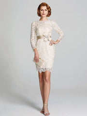 Sheath / Column Mother of the Bride Dress Floral Jewel Neck Knee Length Lace 3/4 Length Sleeve with Lace Sash / Ribbon 2022 / Illusion Sleeve - RongMoon