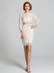 Sheath / Column Mother of the Bride Dress Floral Jewel Neck Knee Length Lace 3/4 Length Sleeve with Lace Sash / Ribbon 2022 / Illusion Sleeve - RongMoon