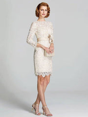 Sheath / Column Mother of the Bride Dress Floral Jewel Neck Knee Length Lace 3/4 Length Sleeve with Lace Sash / Ribbon 2022 / Illusion Sleeve - RongMoon