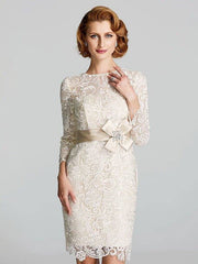 Sheath / Column Mother of the Bride Dress Floral Jewel Neck Knee Length Lace 3/4 Length Sleeve with Lace Sash / Ribbon 2022 / Illusion Sleeve - RongMoon