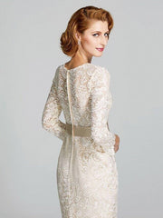 Sheath / Column Mother of the Bride Dress Floral Jewel Neck Knee Length Lace 3/4 Length Sleeve with Lace Sash / Ribbon 2022 / Illusion Sleeve - RongMoon