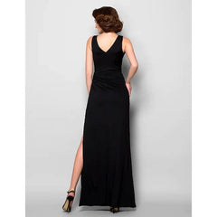 Sheath / Column Mother of the Bride Dress Furcal Jewel Neck Floor Length Jersey Sleeveless with Beading Split Front - RongMoon