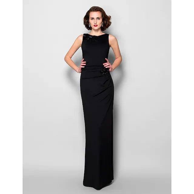 Sheath / Column Mother of the Bride Dress Furcal Jewel Neck Floor Length Jersey Sleeveless with Beading Split Front - RongMoon