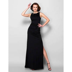 Sheath / Column Mother of the Bride Dress Furcal Jewel Neck Floor Length Jersey Sleeveless with Beading Split Front - RongMoon