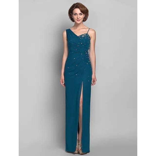 Sheath / Column Mother of the Bride Dress Furcal One Shoulder Floor Length Chiffon Sleeveless with Beading - RongMoon