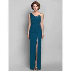 Sheath / Column Mother of the Bride Dress Furcal One Shoulder Floor Length Chiffon Sleeveless with Beading - RongMoon