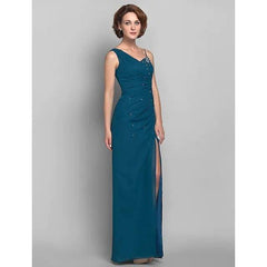 Sheath / Column Mother of the Bride Dress Furcal One Shoulder Floor Length Chiffon Sleeveless with Beading - RongMoon