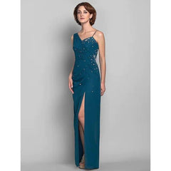 Sheath / Column Mother of the Bride Dress Furcal One Shoulder Floor Length Chiffon Sleeveless with Beading - RongMoon