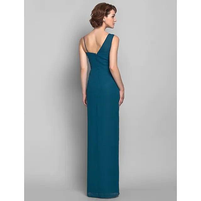 Sheath / Column Mother of the Bride Dress Furcal One Shoulder Floor Length Chiffon Sleeveless with Beading - RongMoon