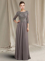 Sheath / Column Mother of the Bride Dress Plus Size Elegant Jewel Neck Floor Length Chiffon Lace 3/4 Length Sleeve with Pleats Appliques - RongMoon