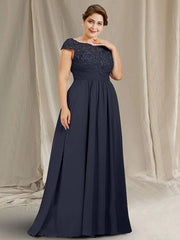 Sheath / Column Mother of the Bride Dress Plus Size Elegant Jewel Neck Floor Length Chiffon Lace Cap Sleeve with Ruched Appliques - RongMoon