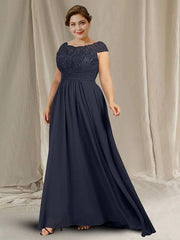 Sheath / Column Mother of the Bride Dress Plus Size Elegant Jewel Neck Floor Length Chiffon Lace Cap Sleeve with Ruched Appliques - RongMoon