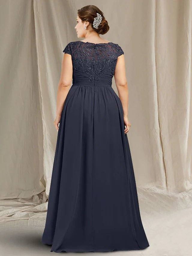 Sheath / Column Mother of the Bride Dress Plus Size Elegant Jewel Neck Floor Length Chiffon Lace Cap Sleeve with Ruched Appliques - RongMoon