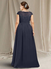 Sheath / Column Mother of the Bride Dress Plus Size Elegant Jewel Neck Floor Length Chiffon Lace Cap Sleeve with Ruched Appliques - RongMoon