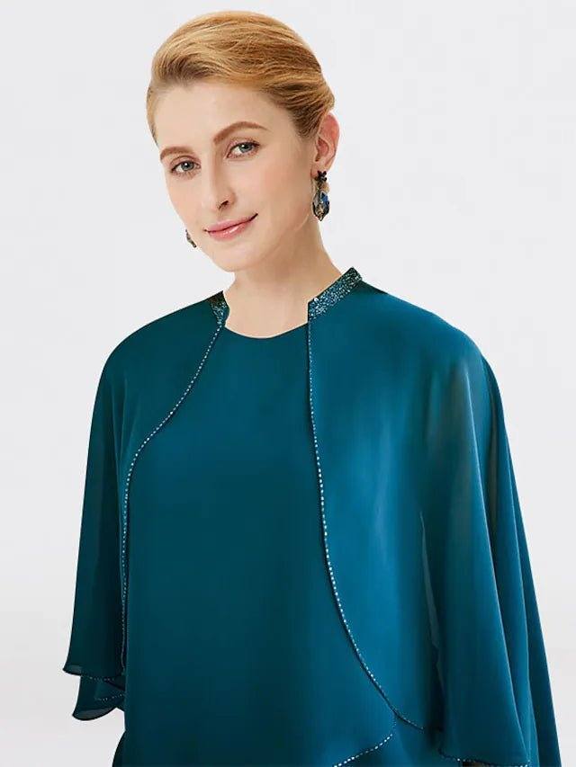 Sheath / Column Mother of the Bride Dress Plus Size Elegant Jewel Neck Floor Length Chiffon Short Sleeve Sleeveless with Beading Ruffles - RongMoon
