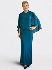 Sheath / Column Mother of the Bride Dress Plus Size Elegant Jewel Neck Floor Length Chiffon Short Sleeve Sleeveless with Beading Ruffles - RongMoon