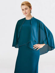 Sheath / Column Mother of the Bride Dress Plus Size Elegant Jewel Neck Floor Length Chiffon Short Sleeve Sleeveless with Beading Ruffles - RongMoon