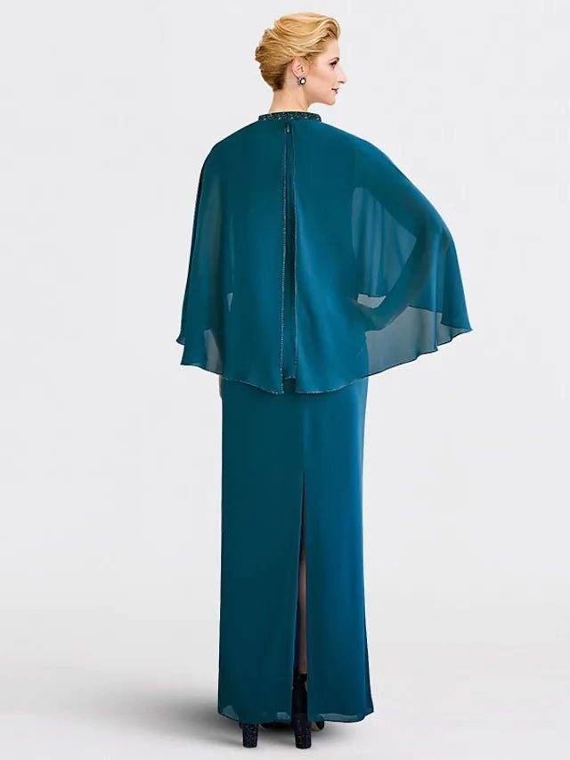 Sheath / Column Mother of the Bride Dress Plus Size Elegant Jewel Neck Floor Length Chiffon Short Sleeve Sleeveless with Beading Ruffles - RongMoon