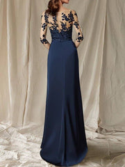Sheath / Column Mother of the Bride Dress Plus Size Elegant Jewel Neck Sweep / Brush Train Chiffon Half Sleeve with Appliques - RongMoon