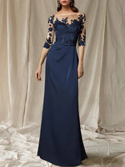 Sheath / Column Mother of the Bride Dress Plus Size Elegant Jewel Neck Sweep / Brush Train Chiffon Half Sleeve with Appliques - RongMoon