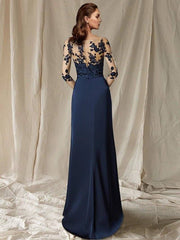 Sheath / Column Mother of the Bride Dress Plus Size Elegant Jewel Neck Sweep / Brush Train Chiffon Half Sleeve with Appliques - RongMoon