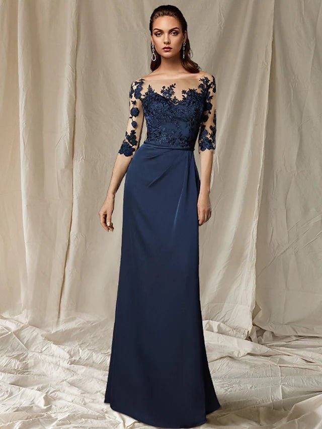 Sheath / Column Mother of the Bride Dress Plus Size Elegant Jewel Neck Sweep / Brush Train Chiffon Half Sleeve with Appliques - RongMoon