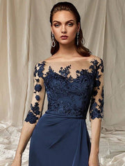 Sheath / Column Mother of the Bride Dress Plus Size Elegant Jewel Neck Sweep / Brush Train Chiffon Half Sleeve with Appliques - RongMoon