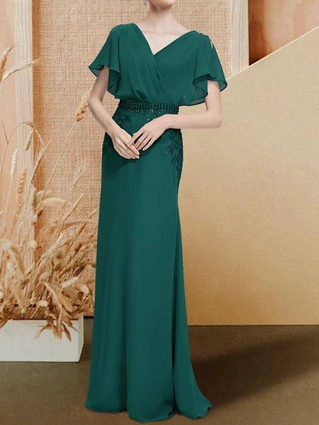 Sheath / Column Mother of the Bride Dress Plus Size Elegant V Neck Floor Length Chiffon Lace Sleeveless with Sash / Ribbon Appliques - RongMoon