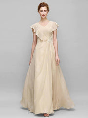 Sheath / Column Mother of the Bride Dress Plus Size Elegant V Neck Floor Length Chiffon Sleeveless with Criss Cross Appliques - RongMoon
