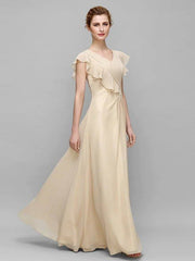 Sheath / Column Mother of the Bride Dress Plus Size Elegant V Neck Floor Length Chiffon Sleeveless with Criss Cross Appliques - RongMoon