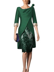 Sheath / Column Mother of the Bride Dress Plus Size Vintage Jewel Neck Knee Length Polyester 3/4 Length Sleeve with Lace - RongMoon