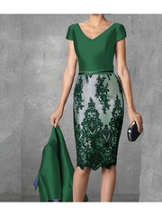 Sheath / Column Mother of the Bride Dress Plus Size Vintage Jewel Neck Knee Length Polyester 3/4 Length Sleeve with Lace - RongMoon