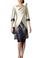 Sheath / Column Mother of the Bride Dress Plus Size Vintage Jewel Neck Knee Length Polyester 3/4 Length Sleeve with Lace - RongMoon