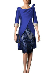 Sheath / Column Mother of the Bride Dress Plus Size Vintage Jewel Neck Knee Length Polyester 3/4 Length Sleeve with Lace - RongMoon