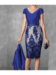 Sheath / Column Mother of the Bride Dress Plus Size Vintage Jewel Neck Knee Length Polyester 3/4 Length Sleeve with Lace - RongMoon
