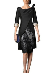 Sheath / Column Mother of the Bride Dress Plus Size Vintage Jewel Neck Knee Length Polyester 3/4 Length Sleeve with Lace - RongMoon